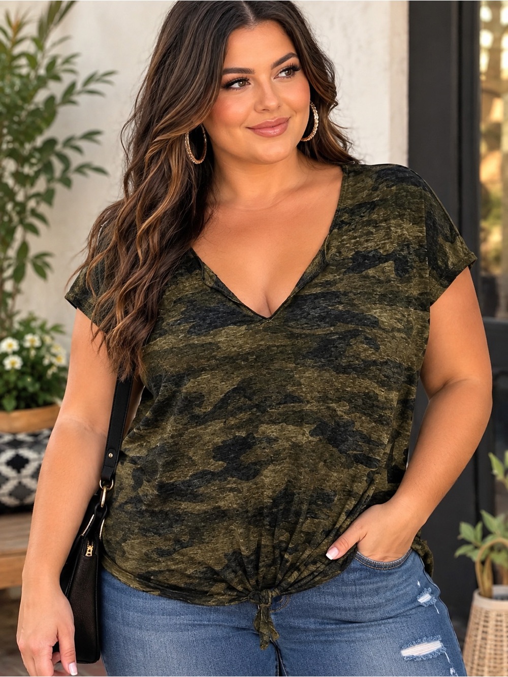 Lucky Brand Green Camo Knot Front Top Size L